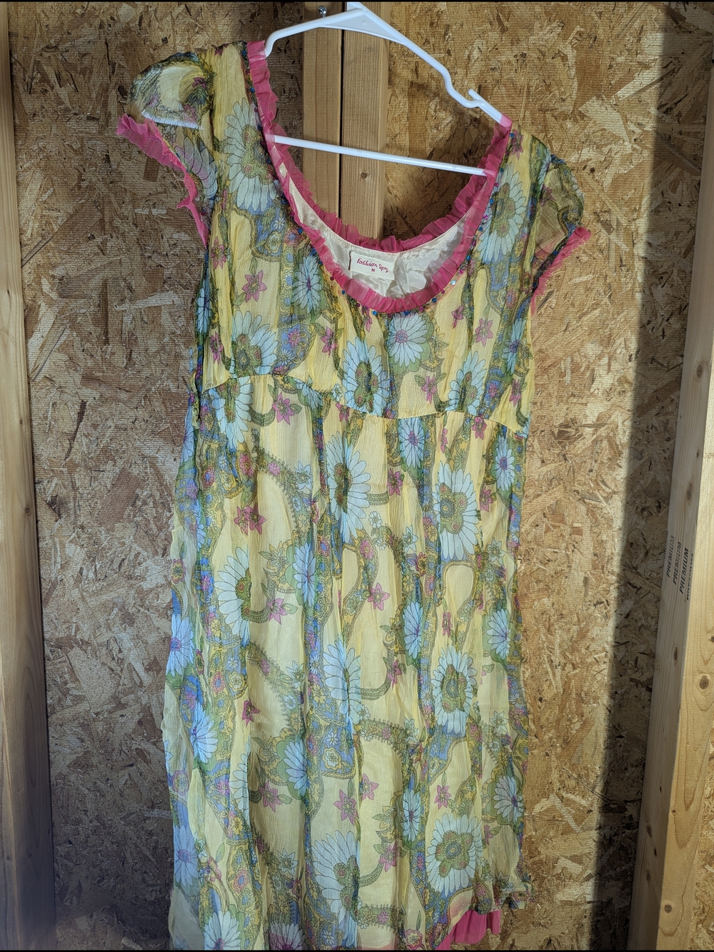 Sheer Yellow Floral Dress with Pink Trim